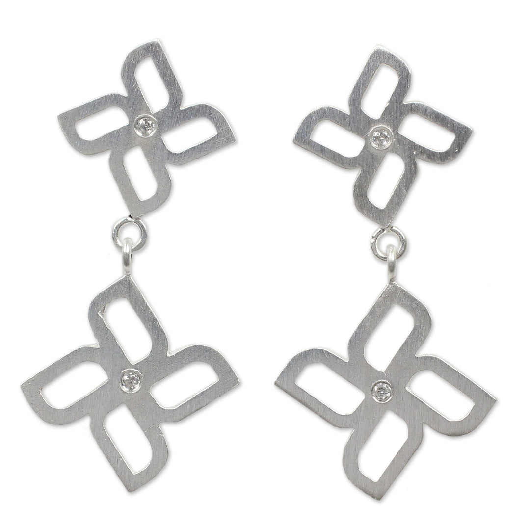 Brushed Silver Dangle Earrings with White Topaz Gemstones - Playful Pinwheel