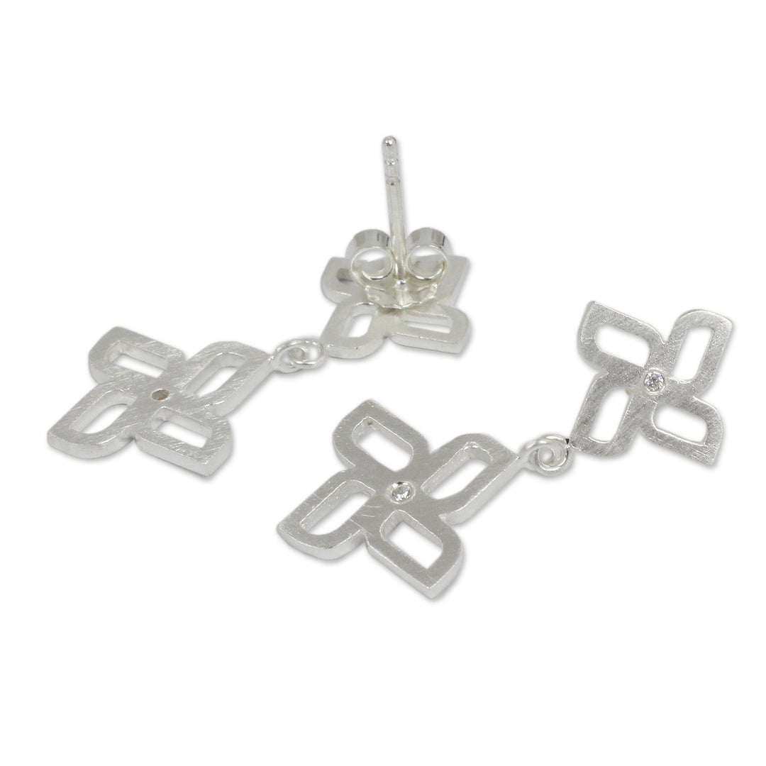 Brushed Silver Dangle Earrings with White Topaz Gemstones - Playful Pinwheel