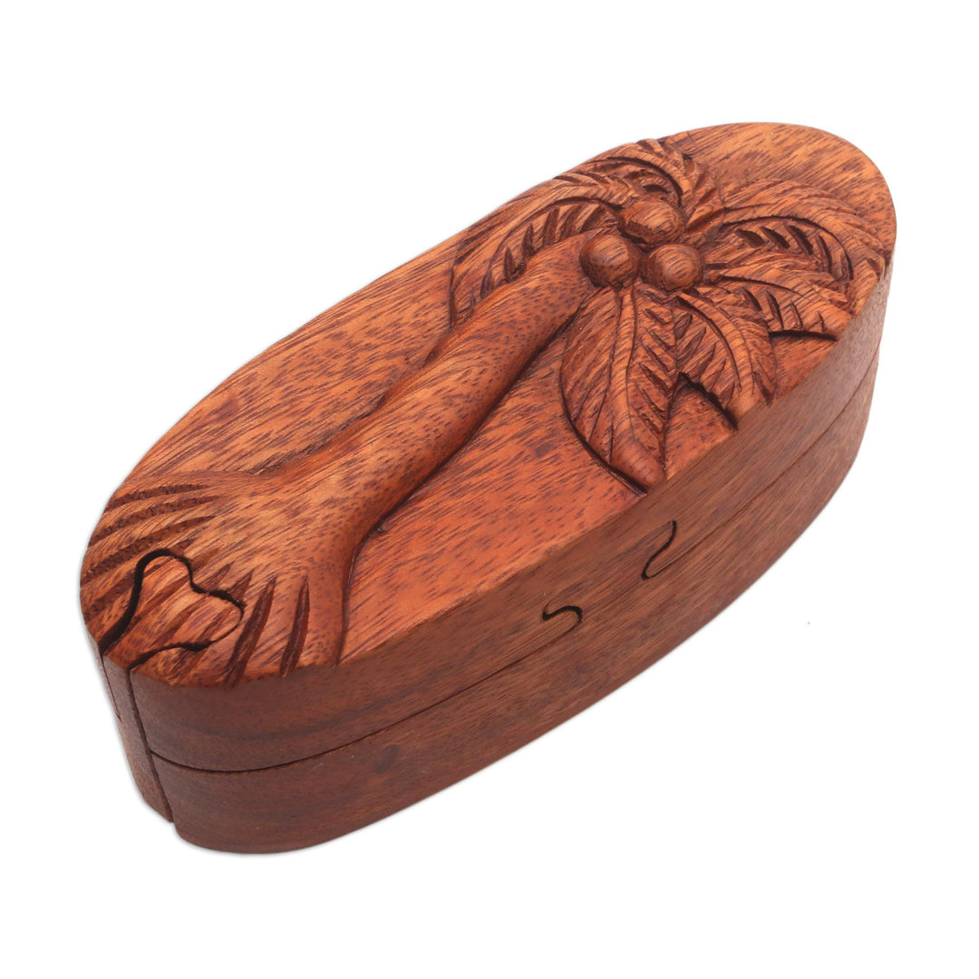 Hand Carved Wood Puzzle Box with Palm Tree - Coconut Palm