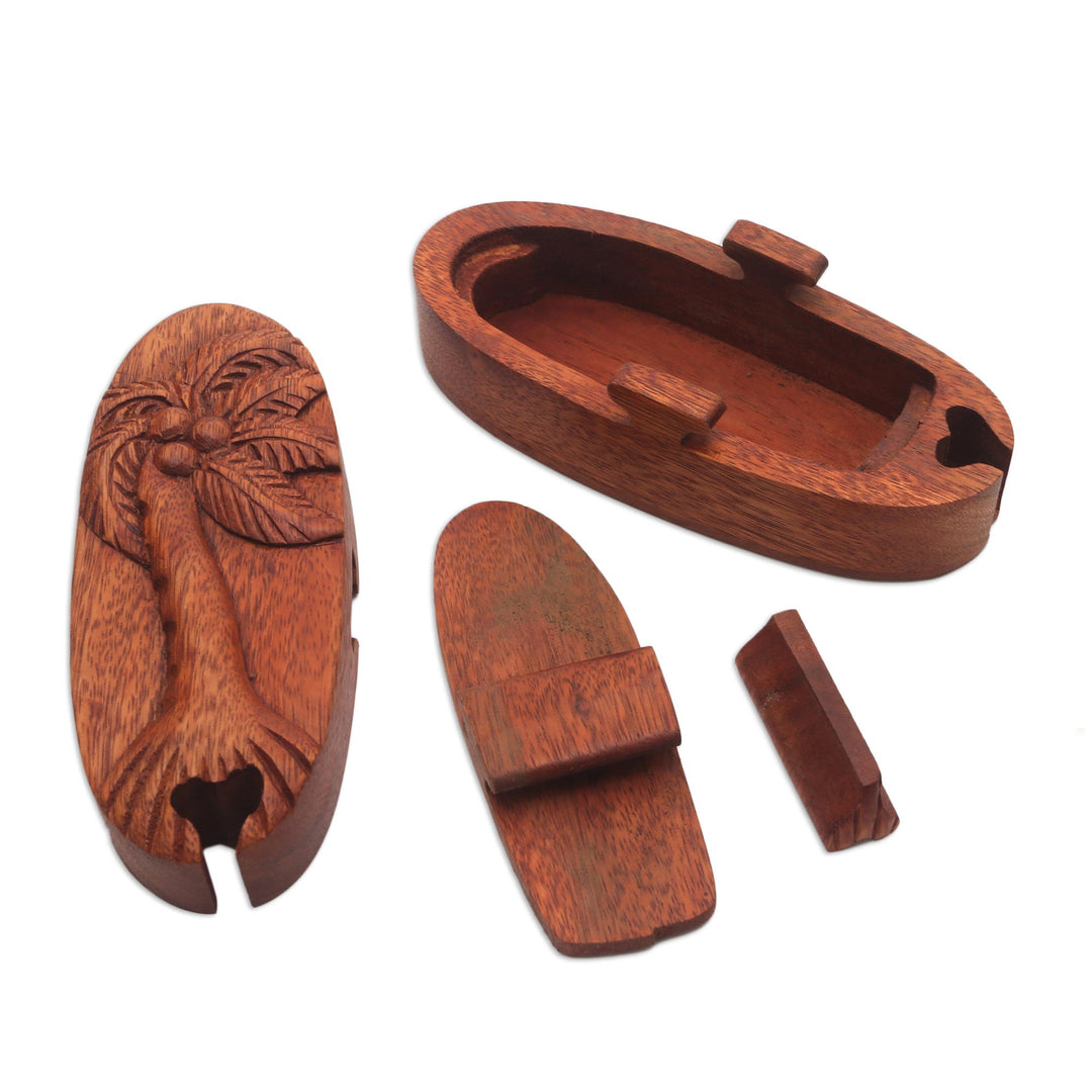 Hand Carved Wood Puzzle Box with Palm Tree - Coconut Palm