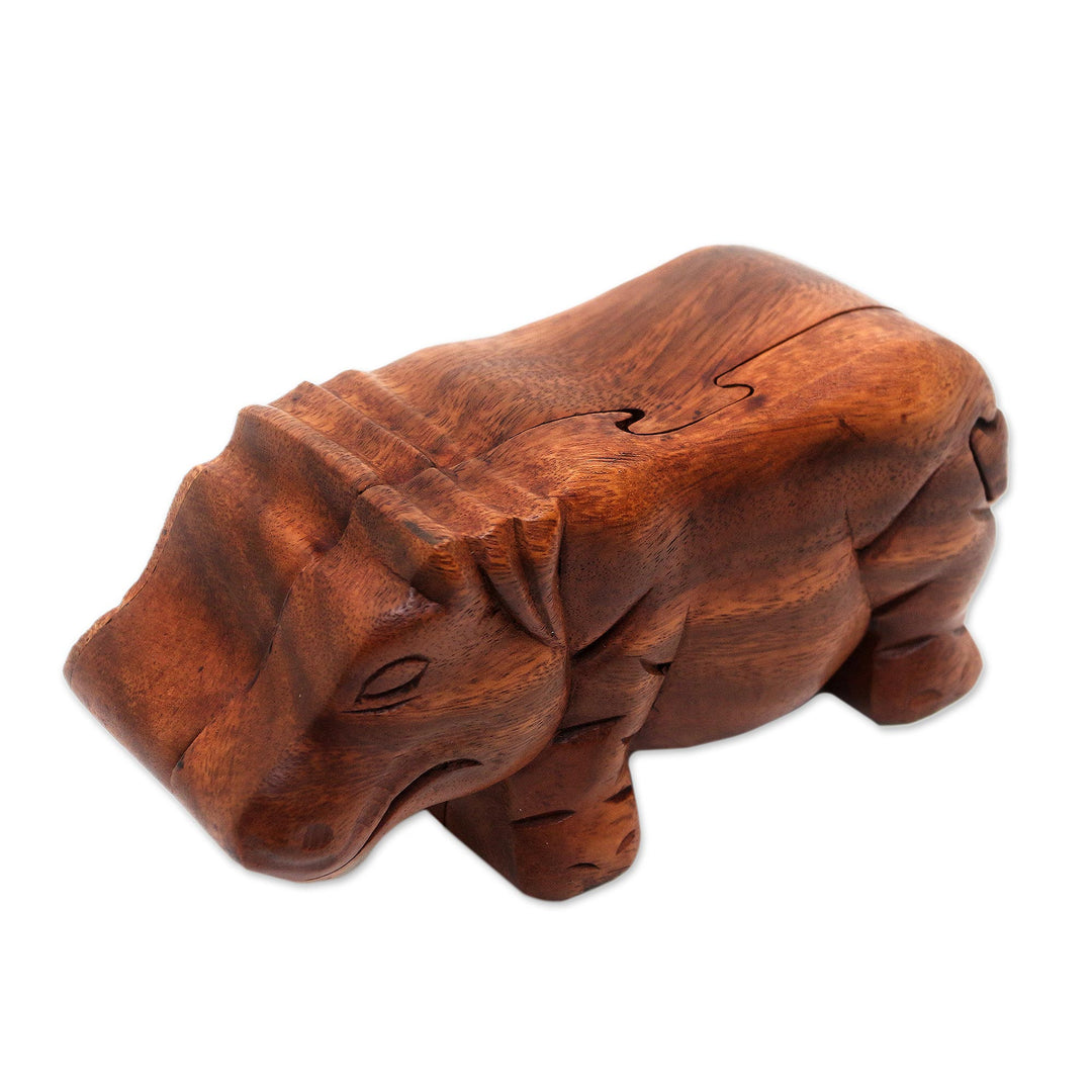 Handmade Hippopotamus Wood Puzzle Box from Bali - Hippopotamus