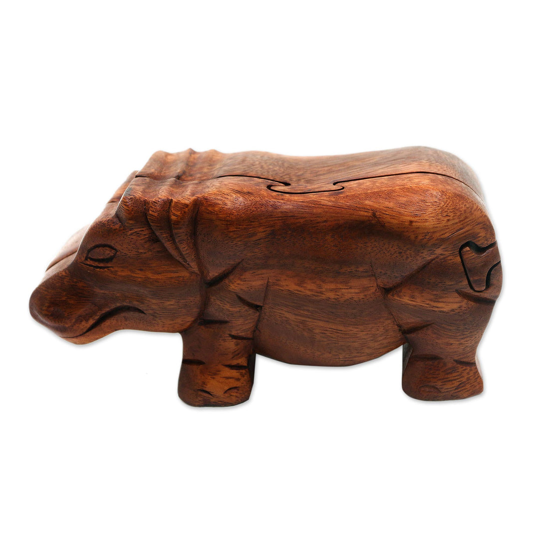 Handmade Hippopotamus Wood Puzzle Box from Bali - Hippopotamus