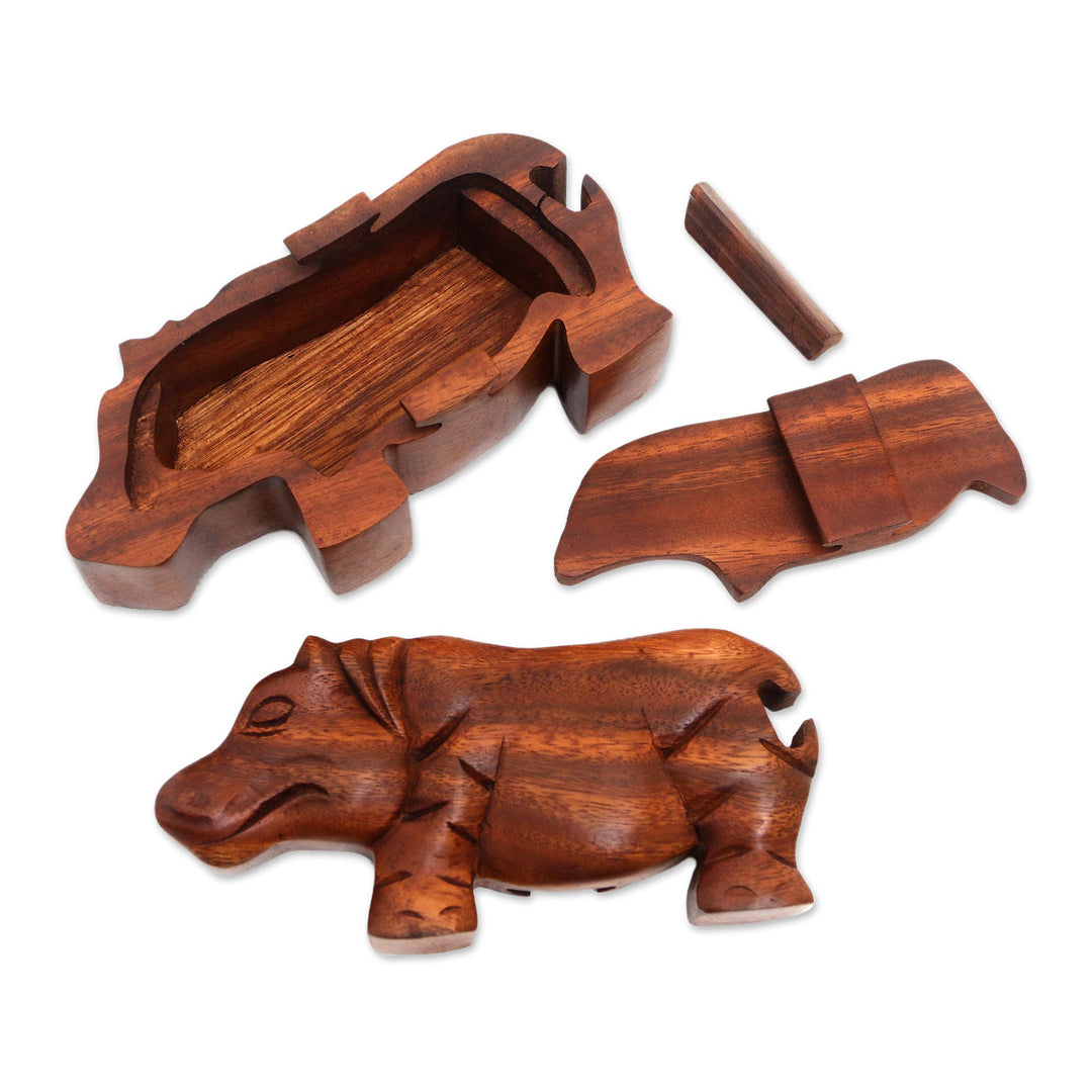 Handmade Hippopotamus Wood Puzzle Box from Bali - Hippopotamus