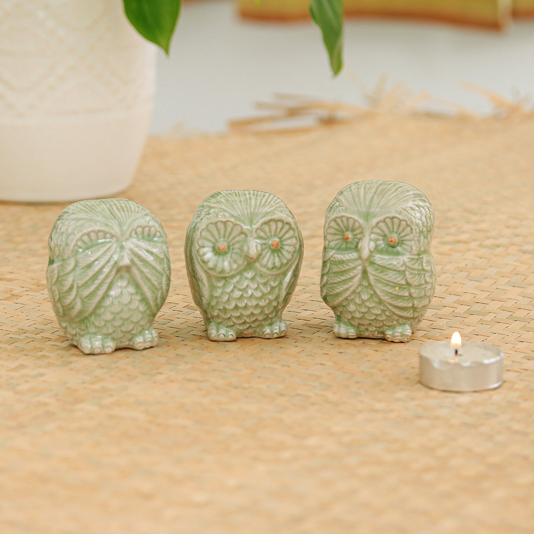 Fair Trade Green Celadon Ceramic Owl Statuettes (set of 3) - Green Owl Trio