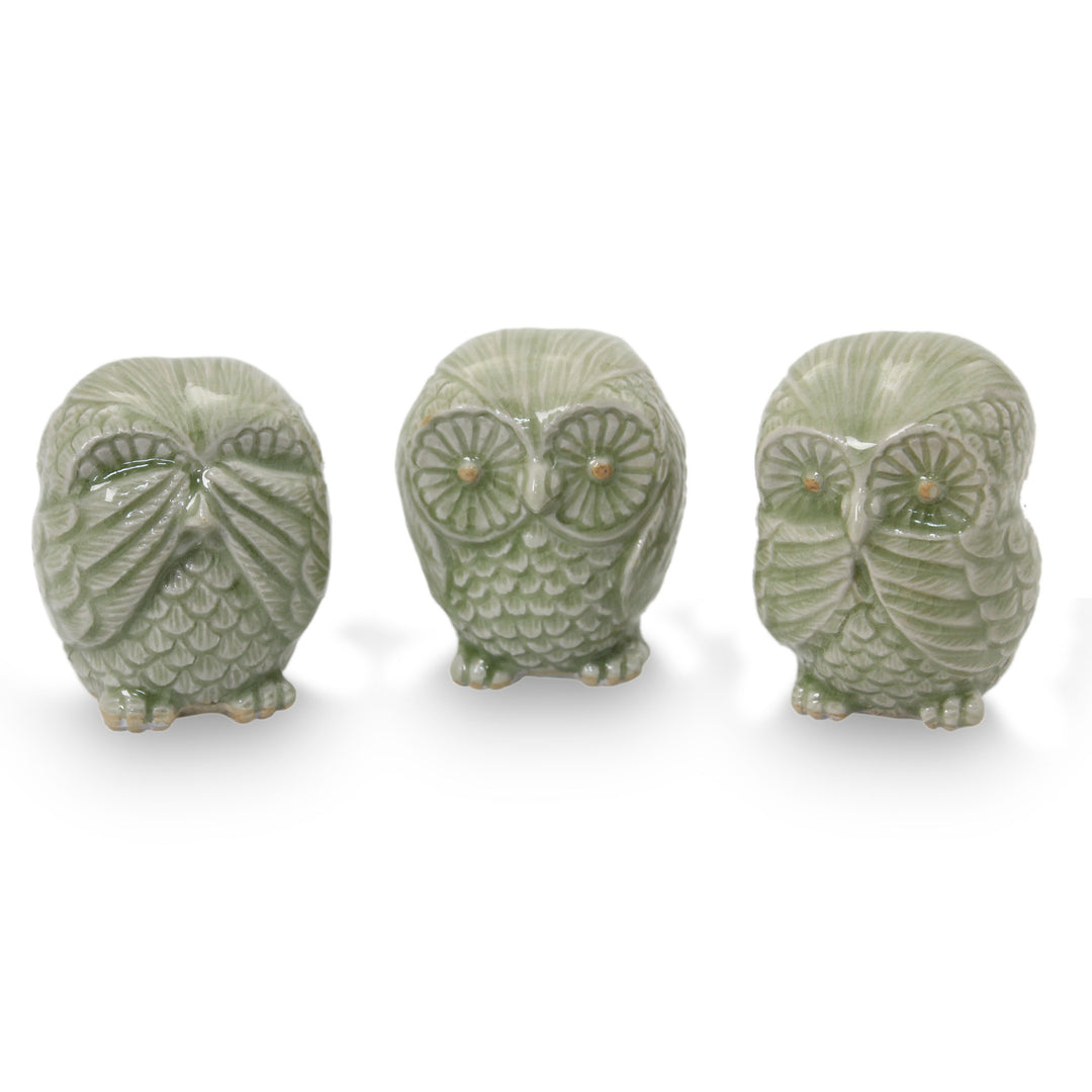 Fair Trade Green Celadon Ceramic Owl Statuettes (set of 3) - Green Owl Trio