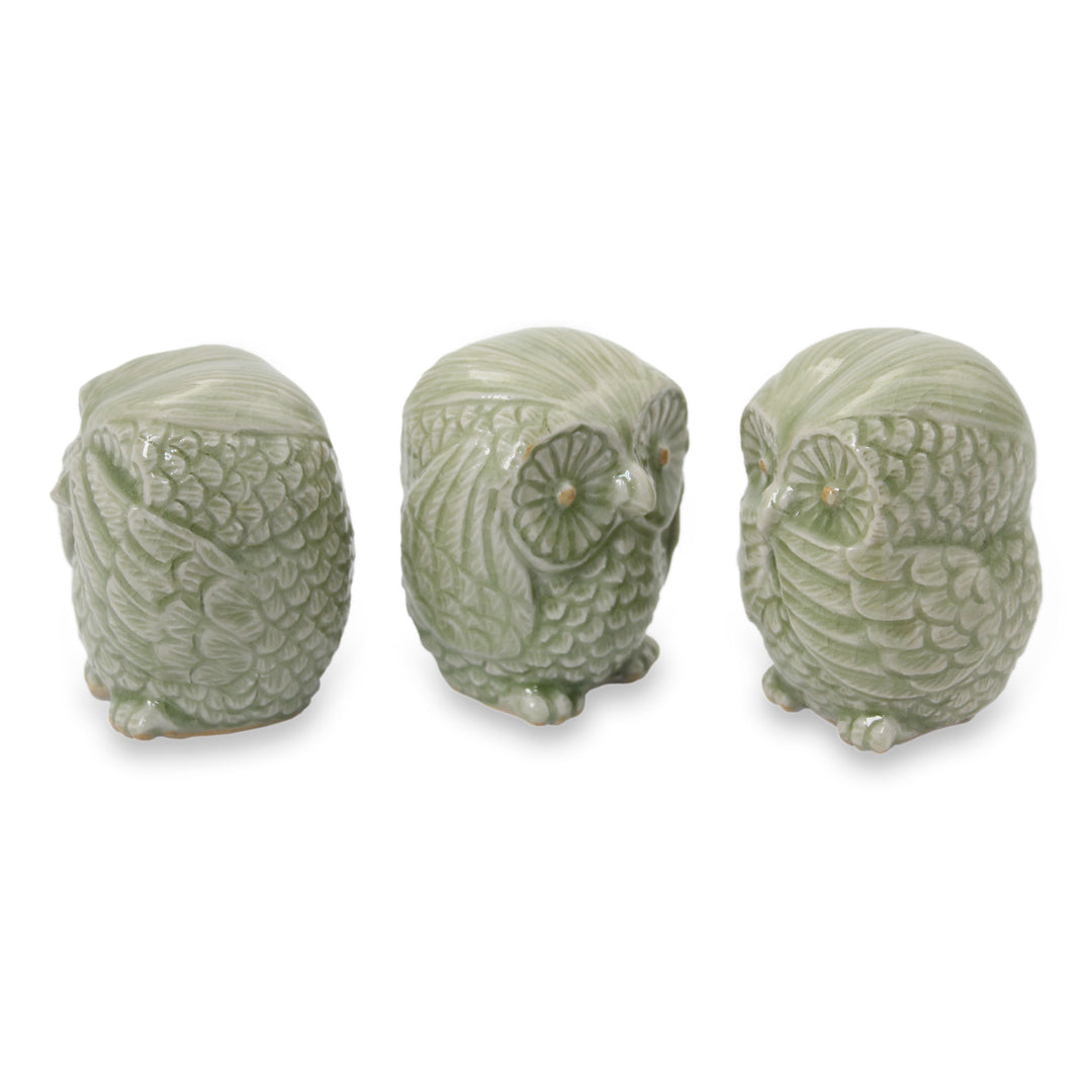 Fair Trade Green Celadon Ceramic Owl Statuettes (set of 3) - Green Owl Trio