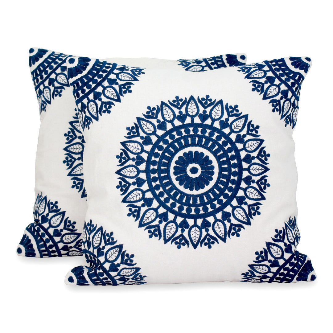 Indian Embroidered Dark Blue on White Cushion Covers (Pair) - Sapphire Blue Mandalas