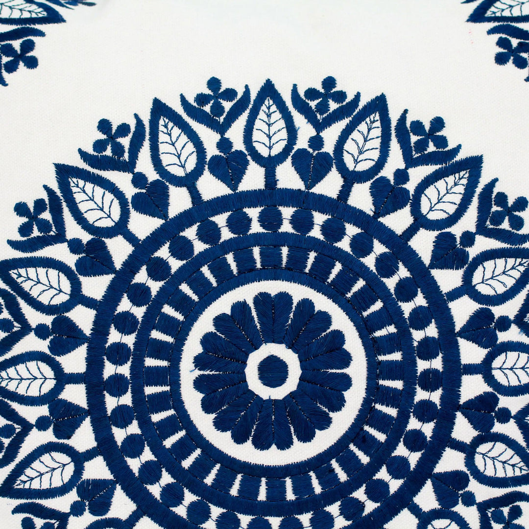 Indian Embroidered Dark Blue on White Cushion Covers (Pair) - Sapphire Blue Mandalas