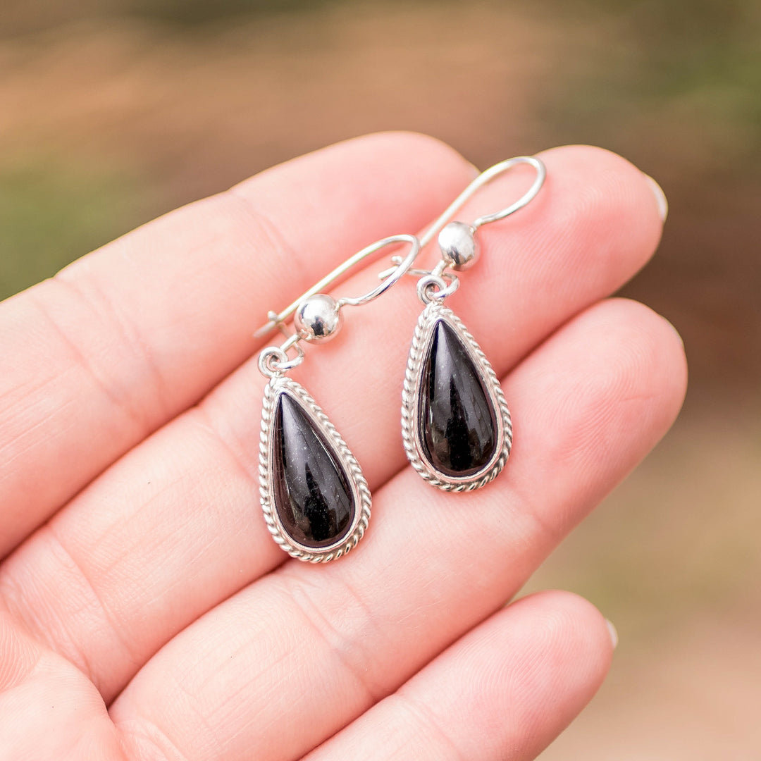 Artisan Crafted Sterling Silver Black Jade Dangle Earrings - Black Tear