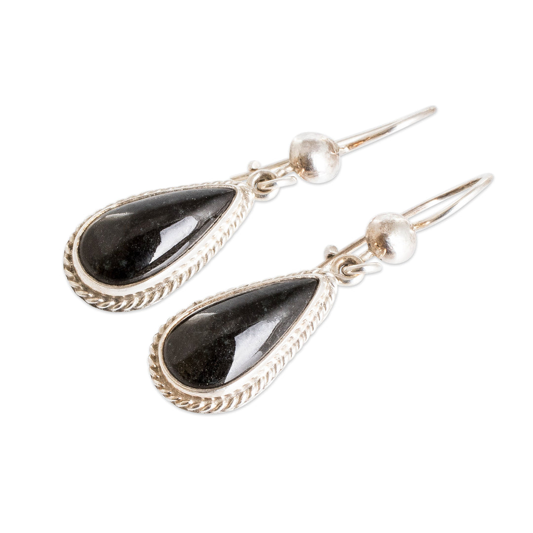 Artisan Crafted Sterling Silver Black Jade Dangle Earrings - Black Tear