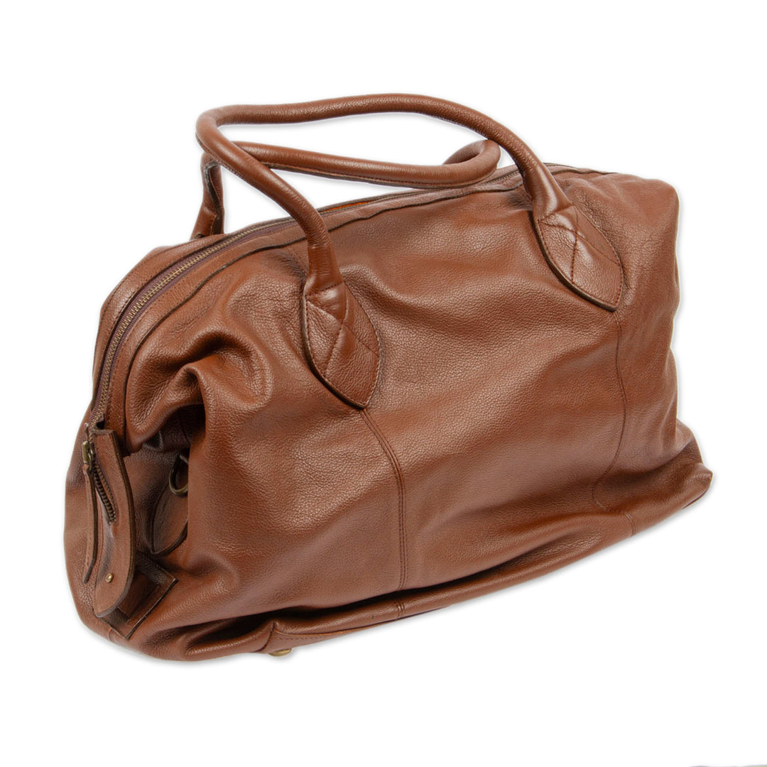 Mexican Brown Leather Travel Bag Lined with Inner Pocket - Let's Go in Brown
