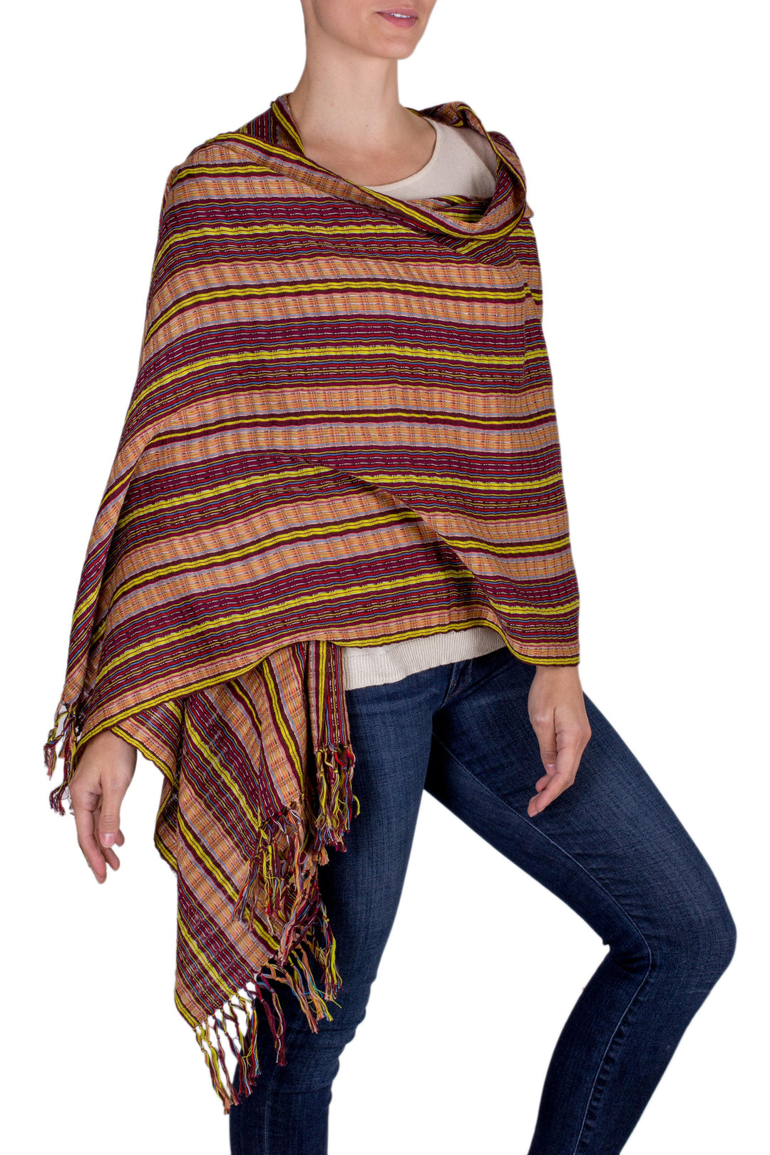 Hand Woven Cotton Shawl in Reds and Browns - Valley in the Sun