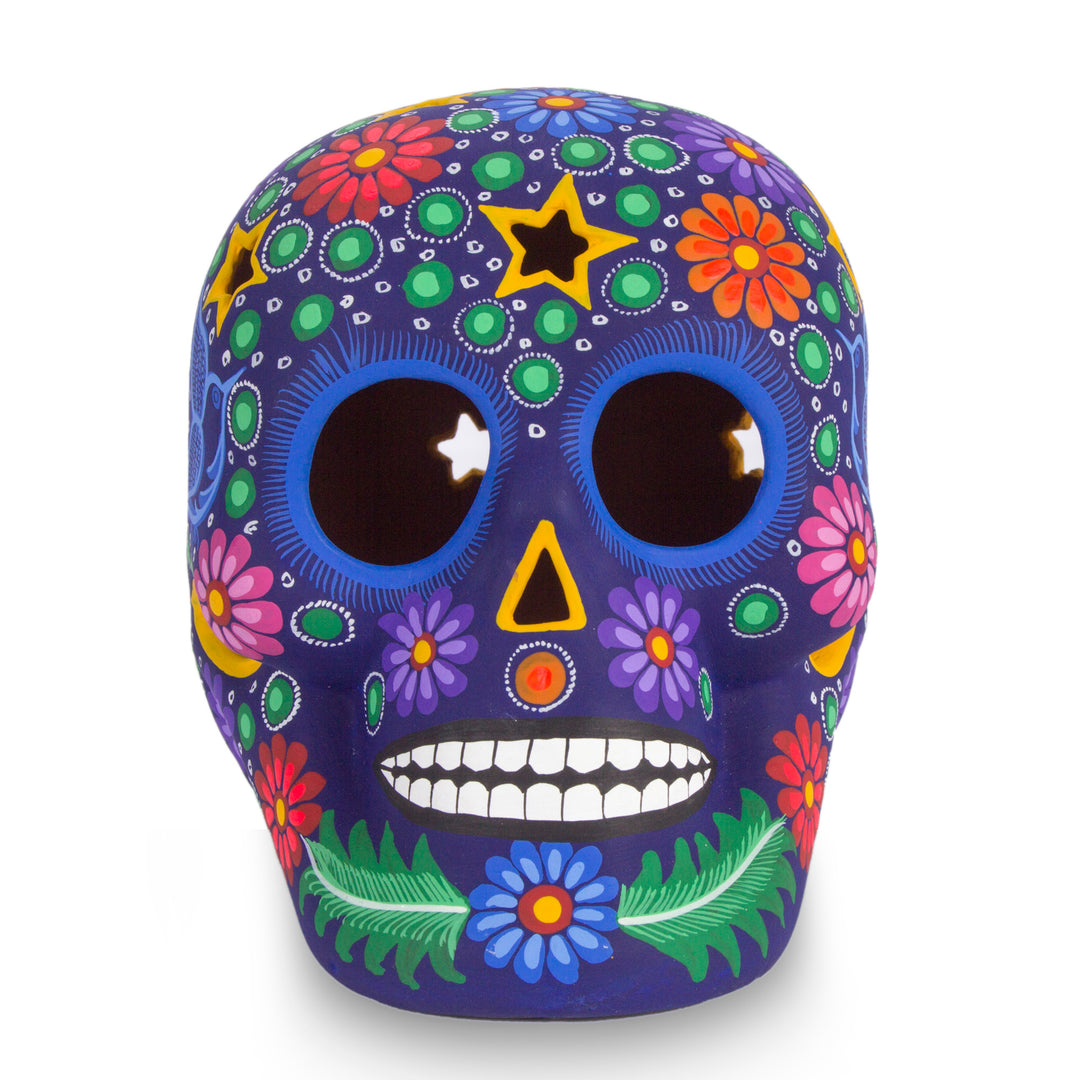 Colorful Ceramic Day of the Dead Skull Sculpture from Mexico - Deadly Beauty