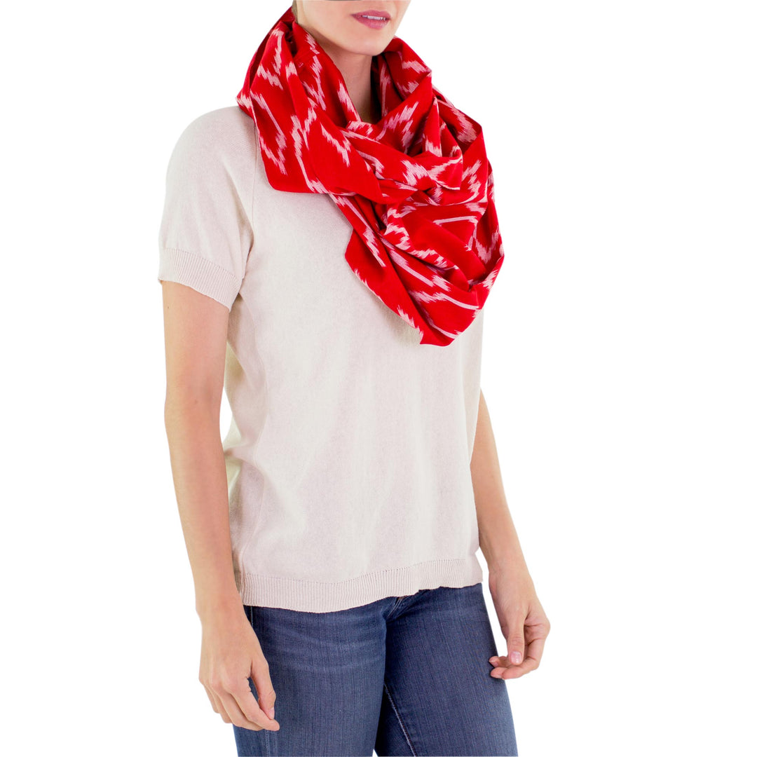 Red White Patterned Infinity Scarf in Hand Woven Cotton - Ruby Maya