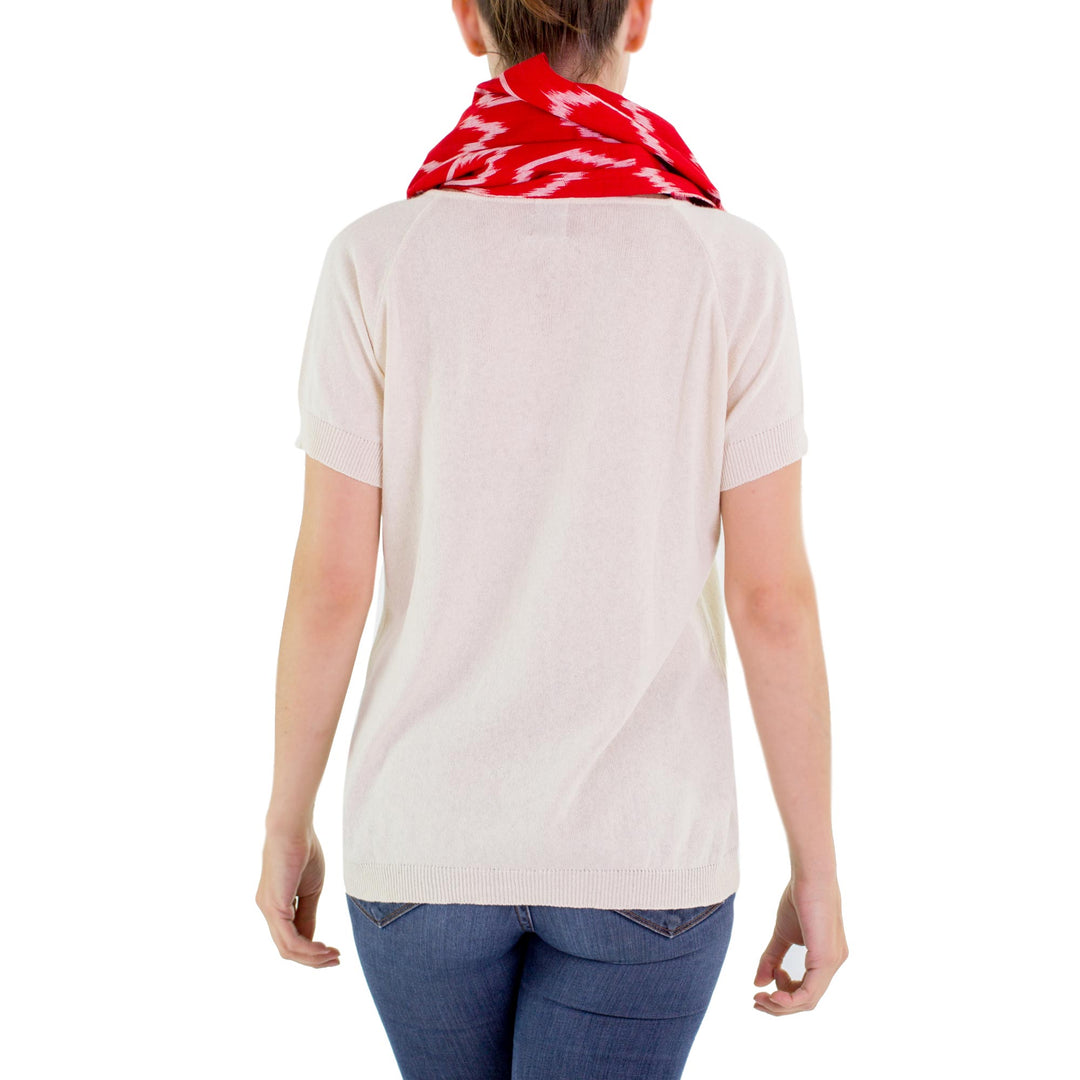 Red White Patterned Infinity Scarf in Hand Woven Cotton - Ruby Maya