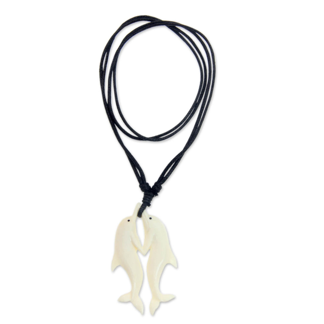 Carved Cow Bone Dolphin Themed Pendant Necklace - Twin Dolphins
