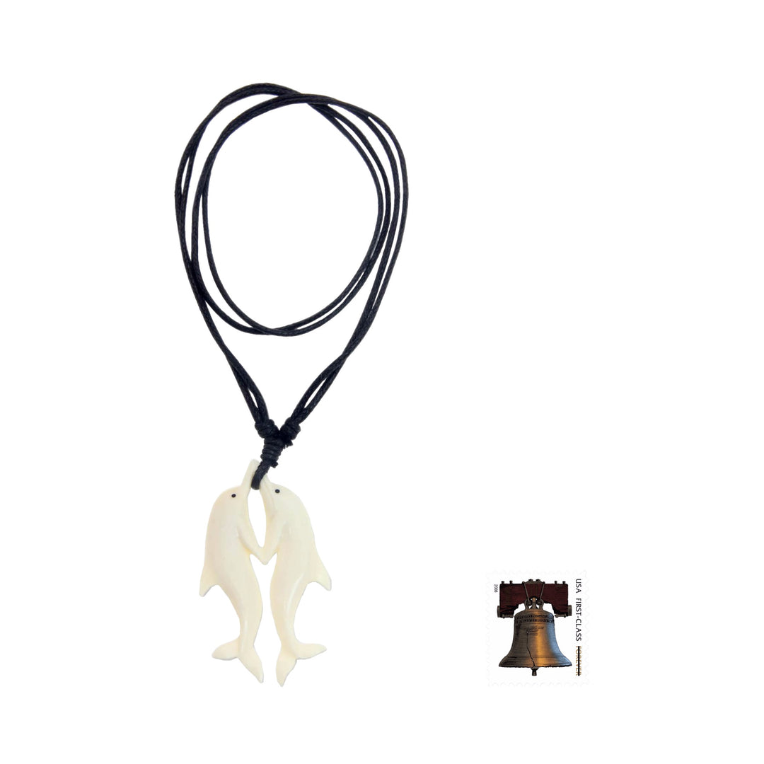 Carved Cow Bone Dolphin Themed Pendant Necklace - Twin Dolphins
