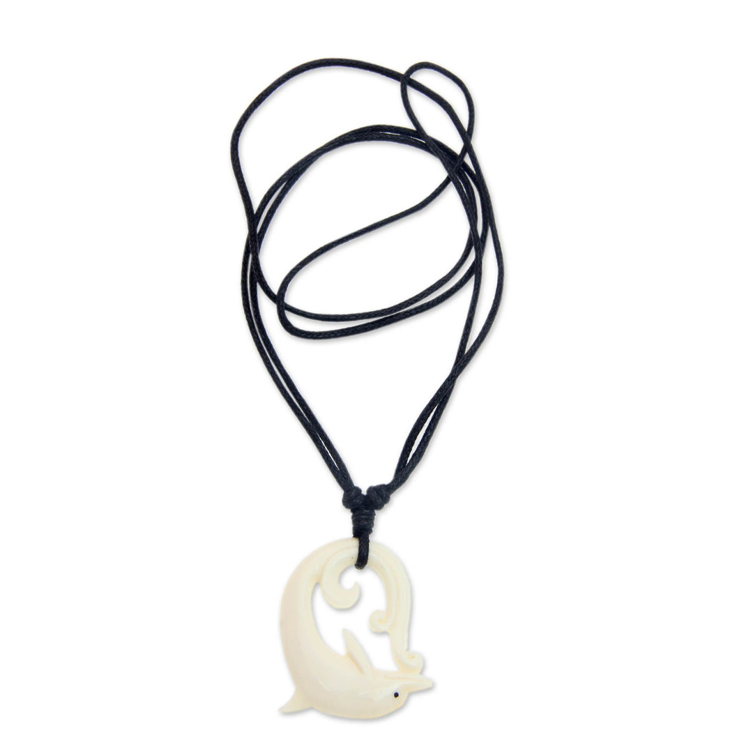 Dolphin Carved Bone Pendant Necklace on Black Cord - Lonely Dolphin