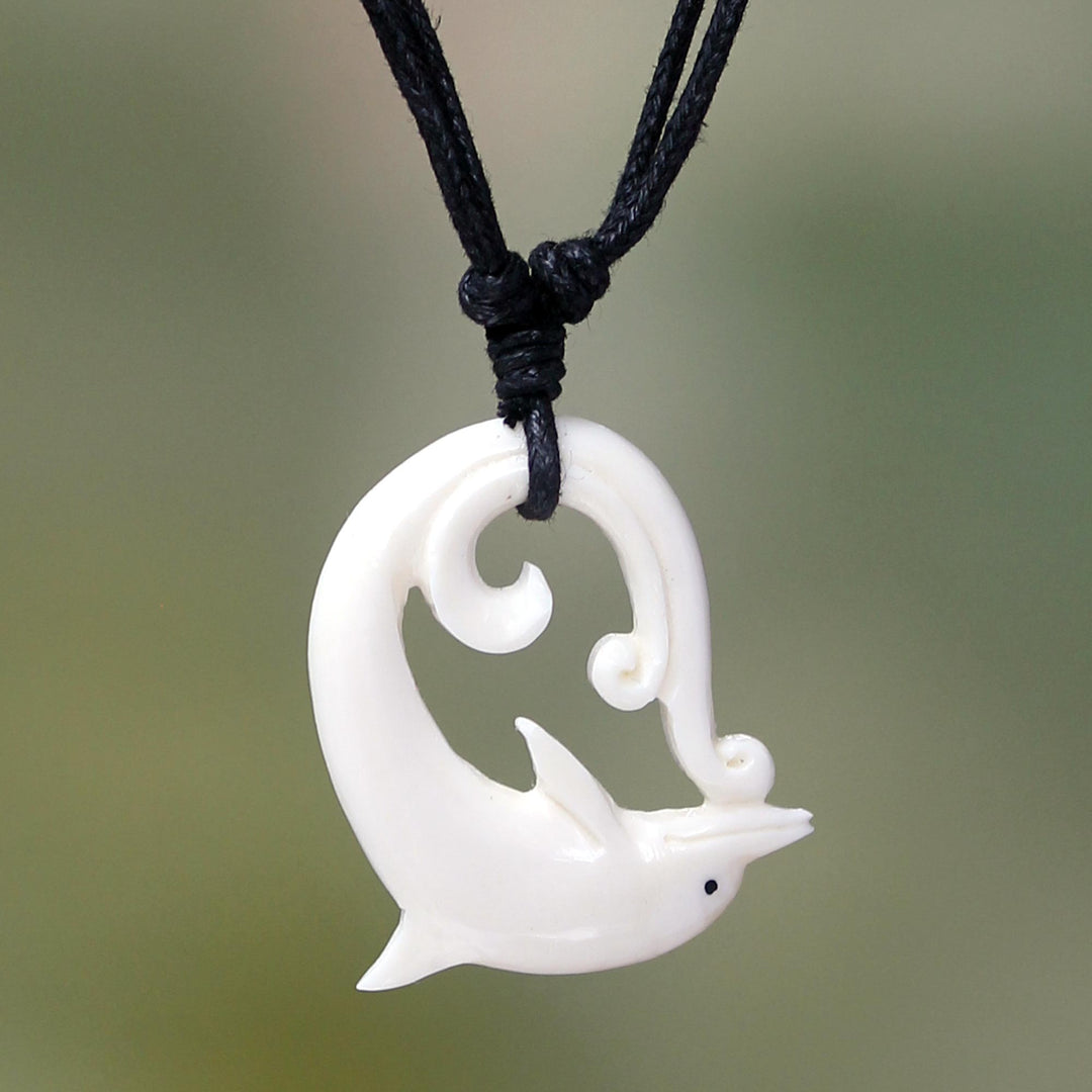 Dolphin Carved Bone Pendant Necklace on Black Cord - Lonely Dolphin