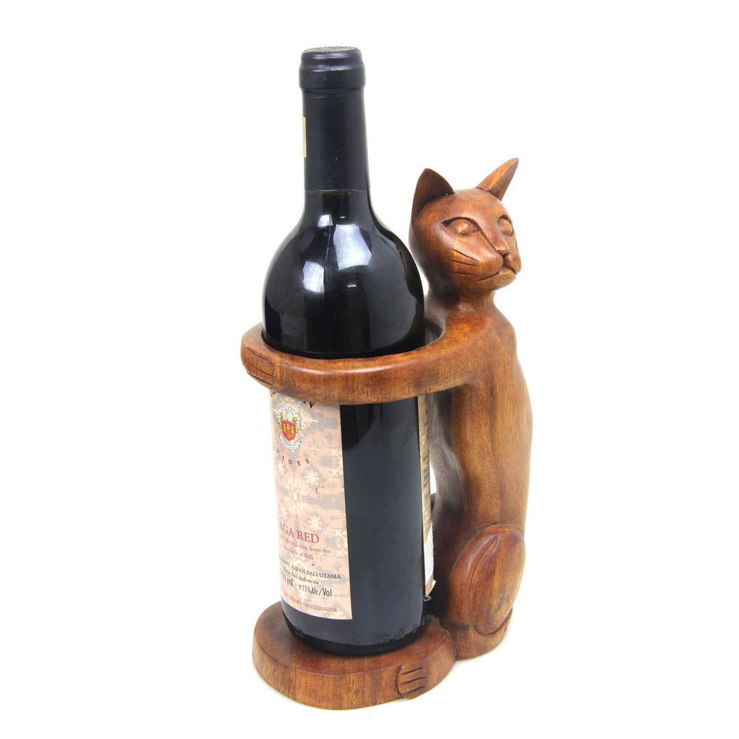 Hand Carved Wooden Cat Wine Bottle Holder - Wine-Loving Cat