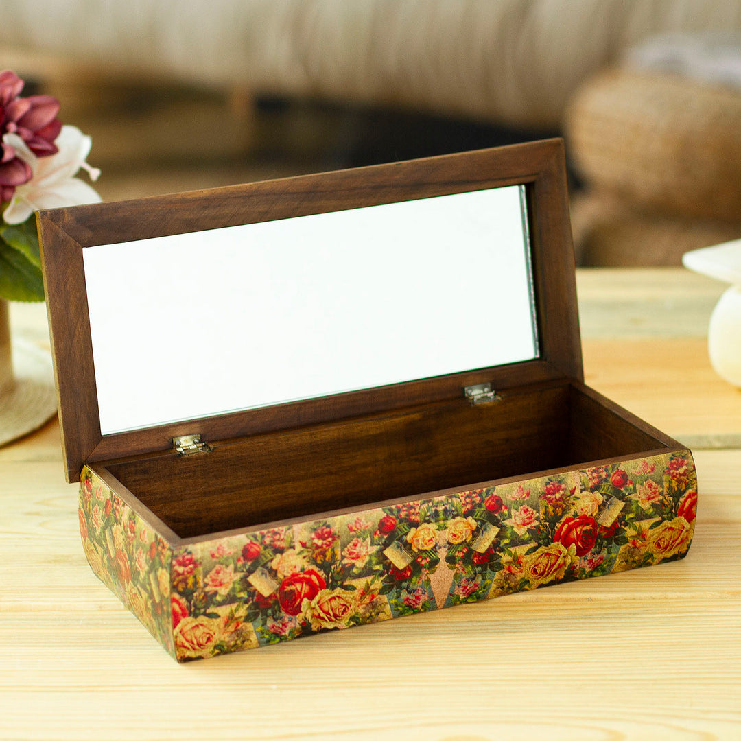 Mexico Handcrafted Floral Decoupage Jewelry Box with Mirror - Roses