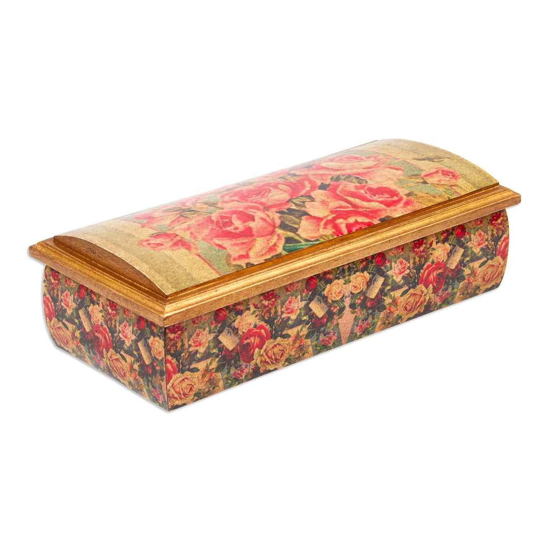 Mexico Handcrafted Floral Decoupage Jewelry Box with Mirror - Roses