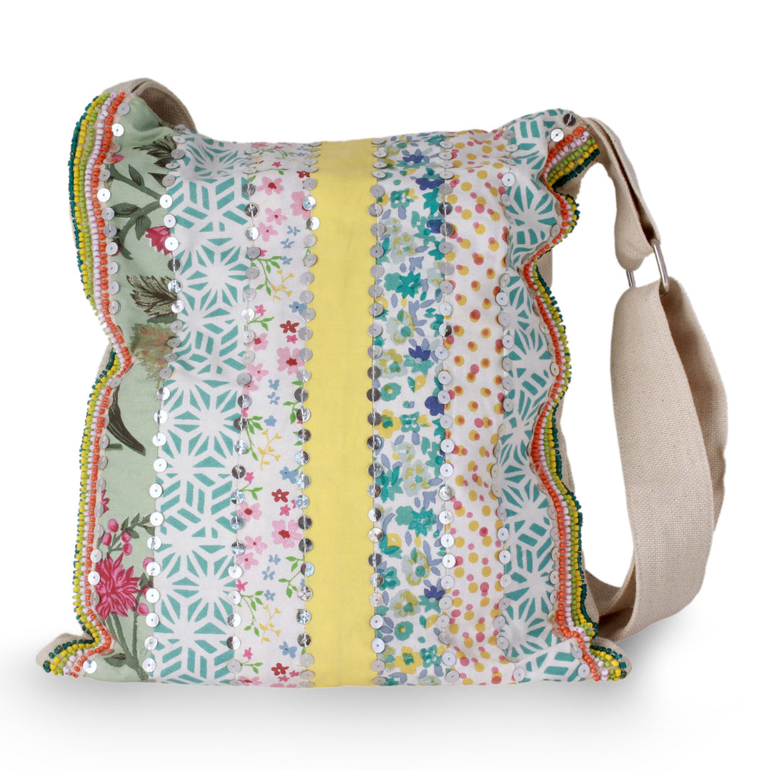 Handmade Floral Cotton Shoulder Bag from India - Garden Path