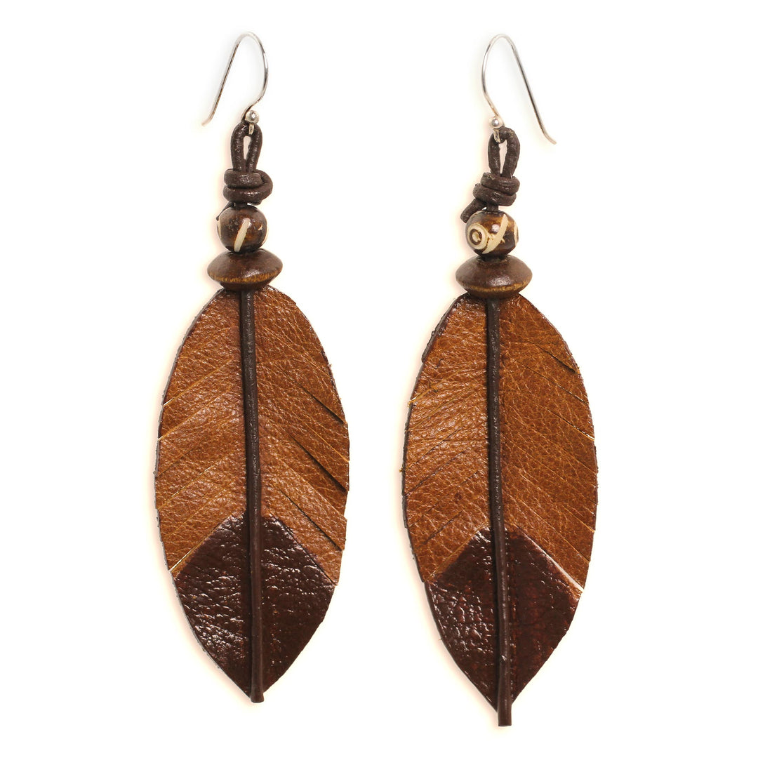 Feather-Shaped Earrings Crafted from Leather, Bone and Wood - Brown Feather
