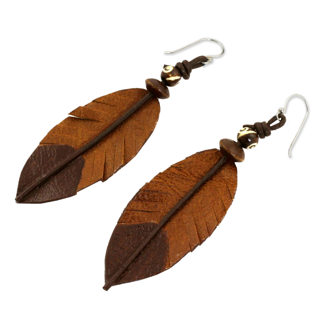Feather-Shaped Earrings Crafted from Leather, Bone and Wood - Brown Feather