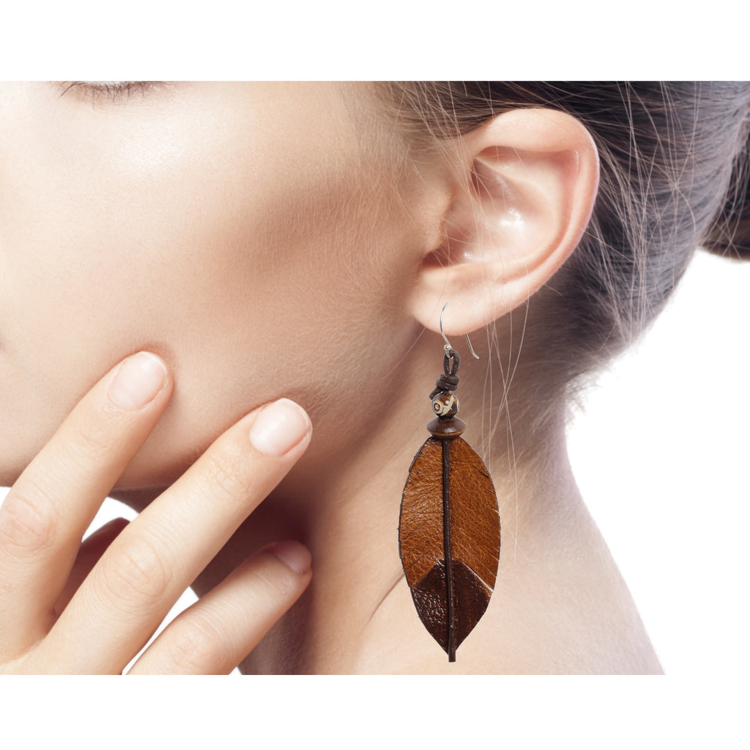 Feather-Shaped Earrings Crafted from Leather, Bone and Wood - Brown Feather