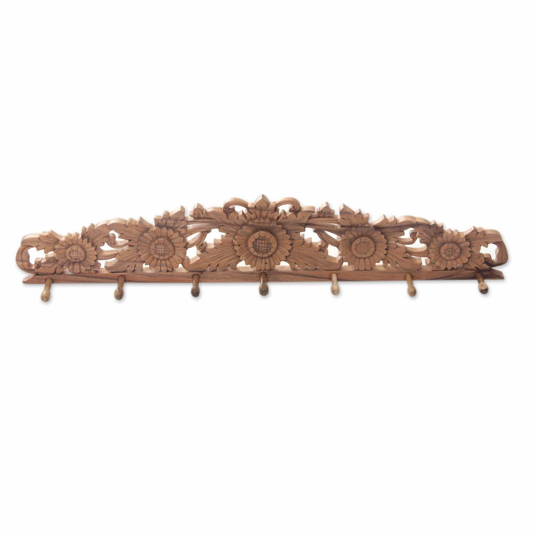 Sunflower Motif Carved Wooden Coat Rack from Bali - Sunflower Blossoms