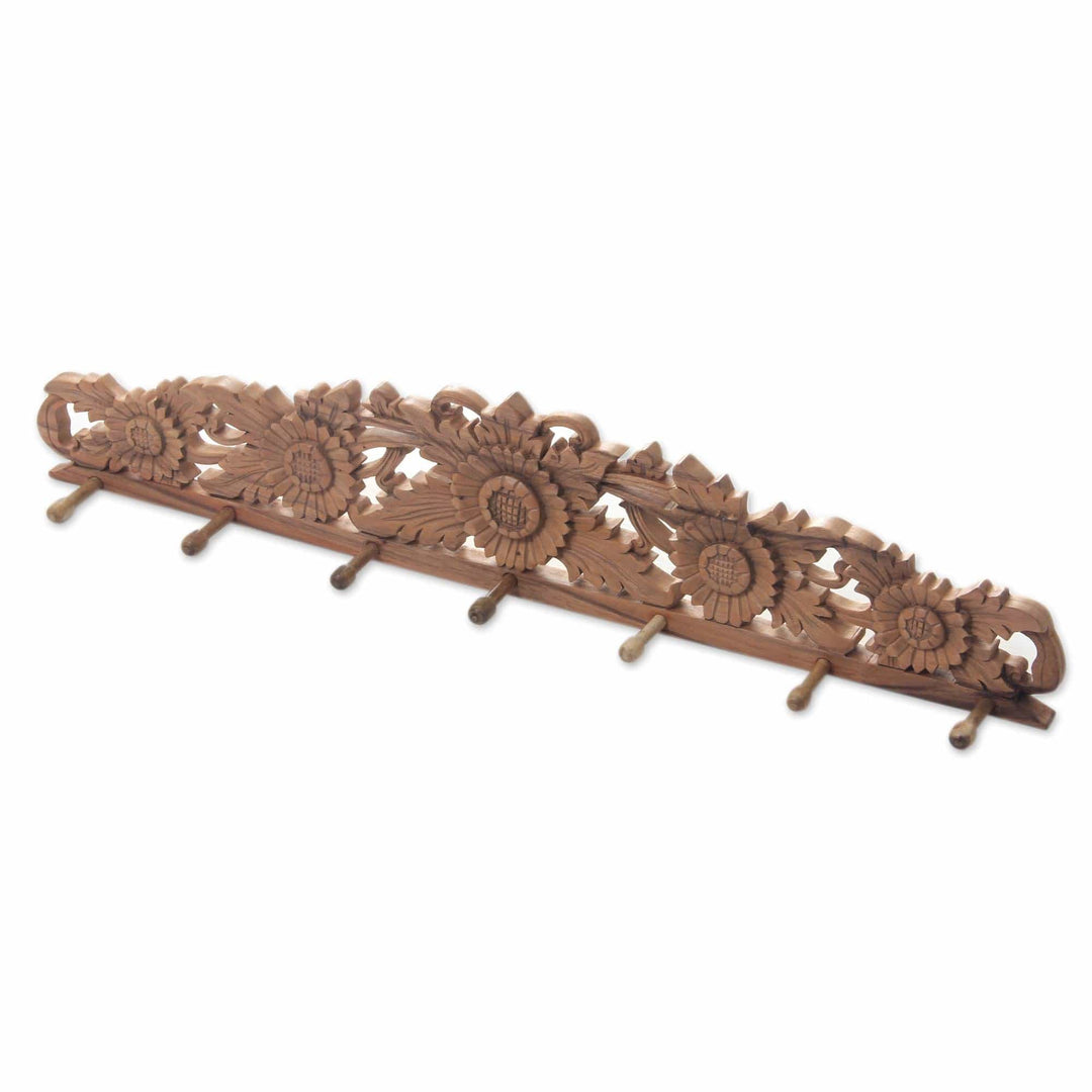 Sunflower Motif Carved Wooden Coat Rack from Bali - Sunflower Blossoms