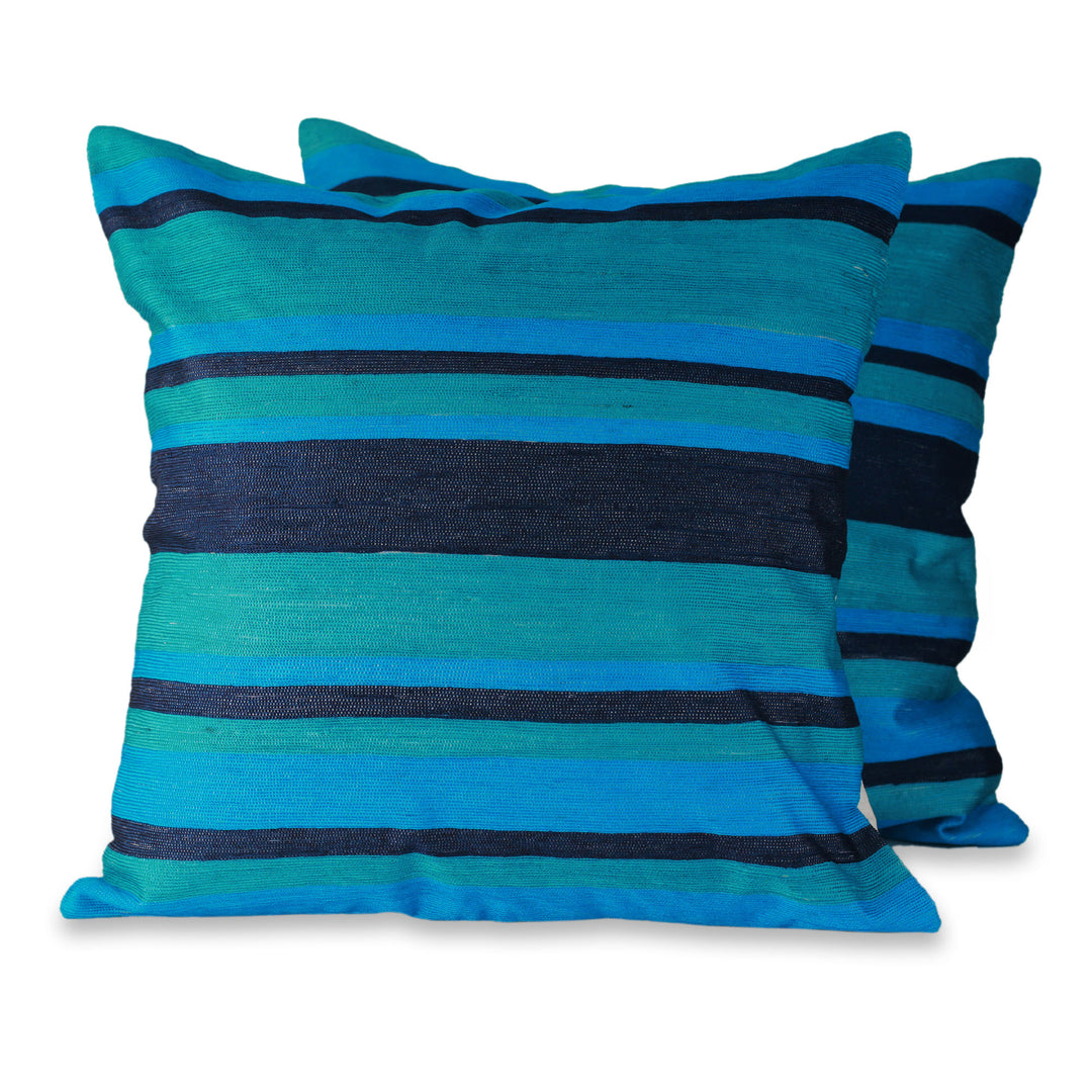 Artisan Crafted Blue Cushion Covers with Embroidery (pair) - Blue Streams