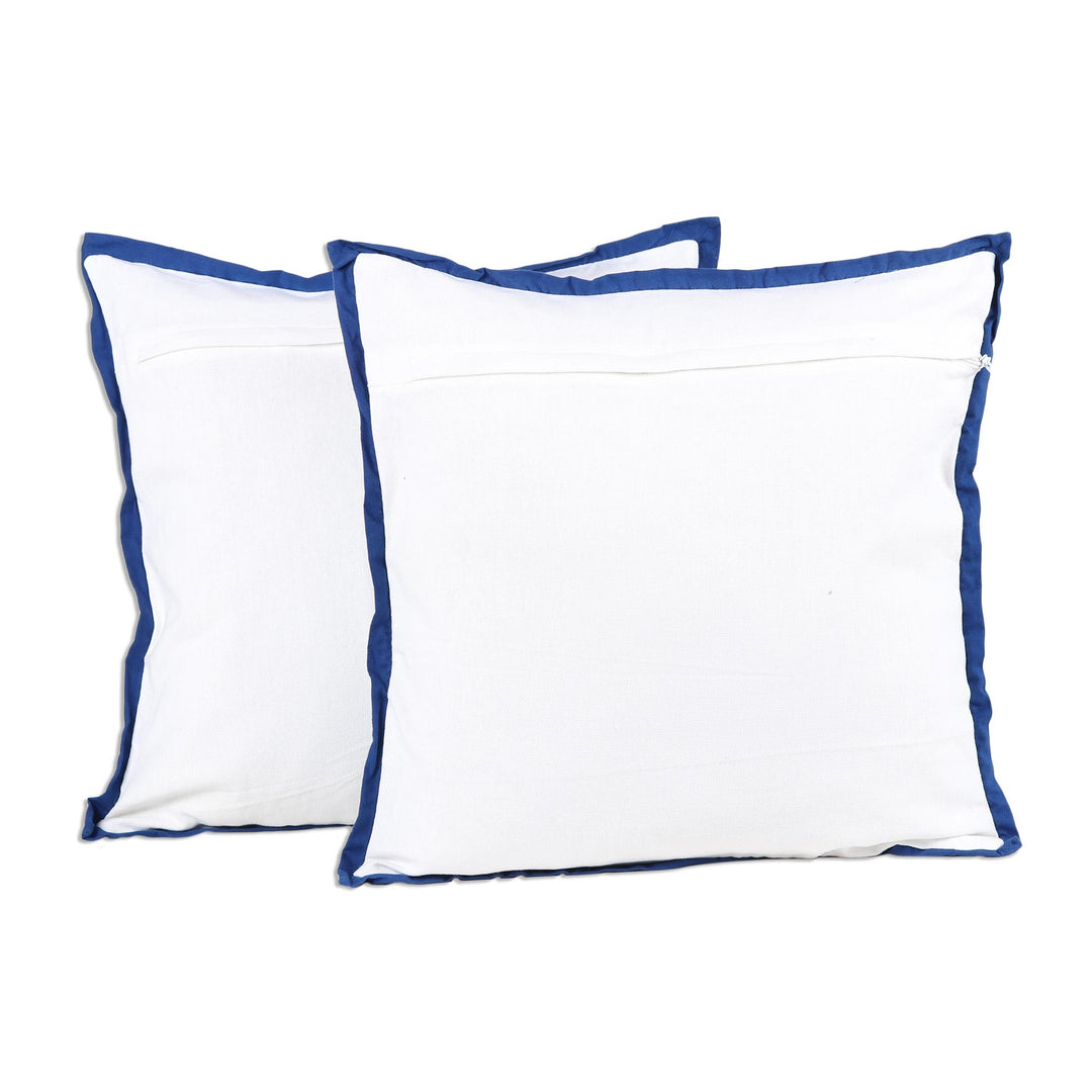 Blue Floral Embroidered Cushion Covers from India (pair) - Blue Dahlias