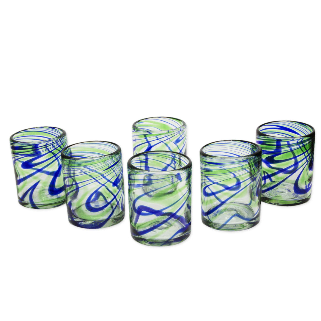 Set of 6 Hand Made Blown Glass Rocks Glass in Blue and Green - Elegant Energy