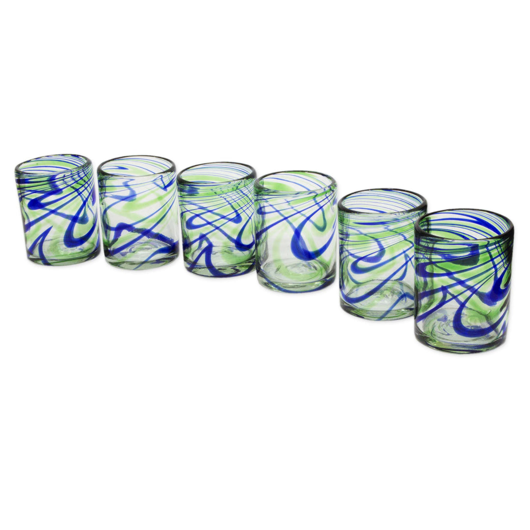 Set of 6 Hand Made Blown Glass Rocks Glass in Blue and Green - Elegant Energy