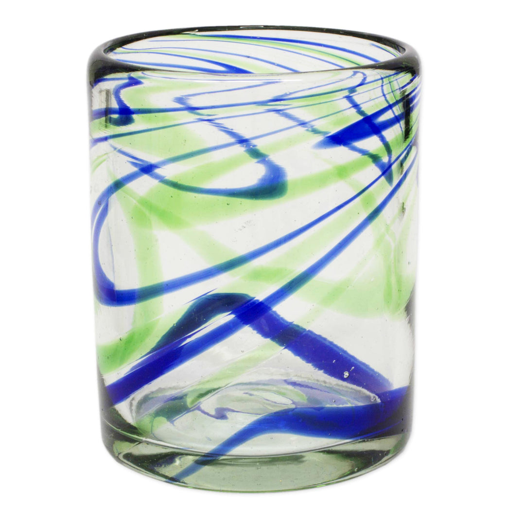 Set of 6 Hand Made Blown Glass Rocks Glass in Blue and Green - Elegant Energy
