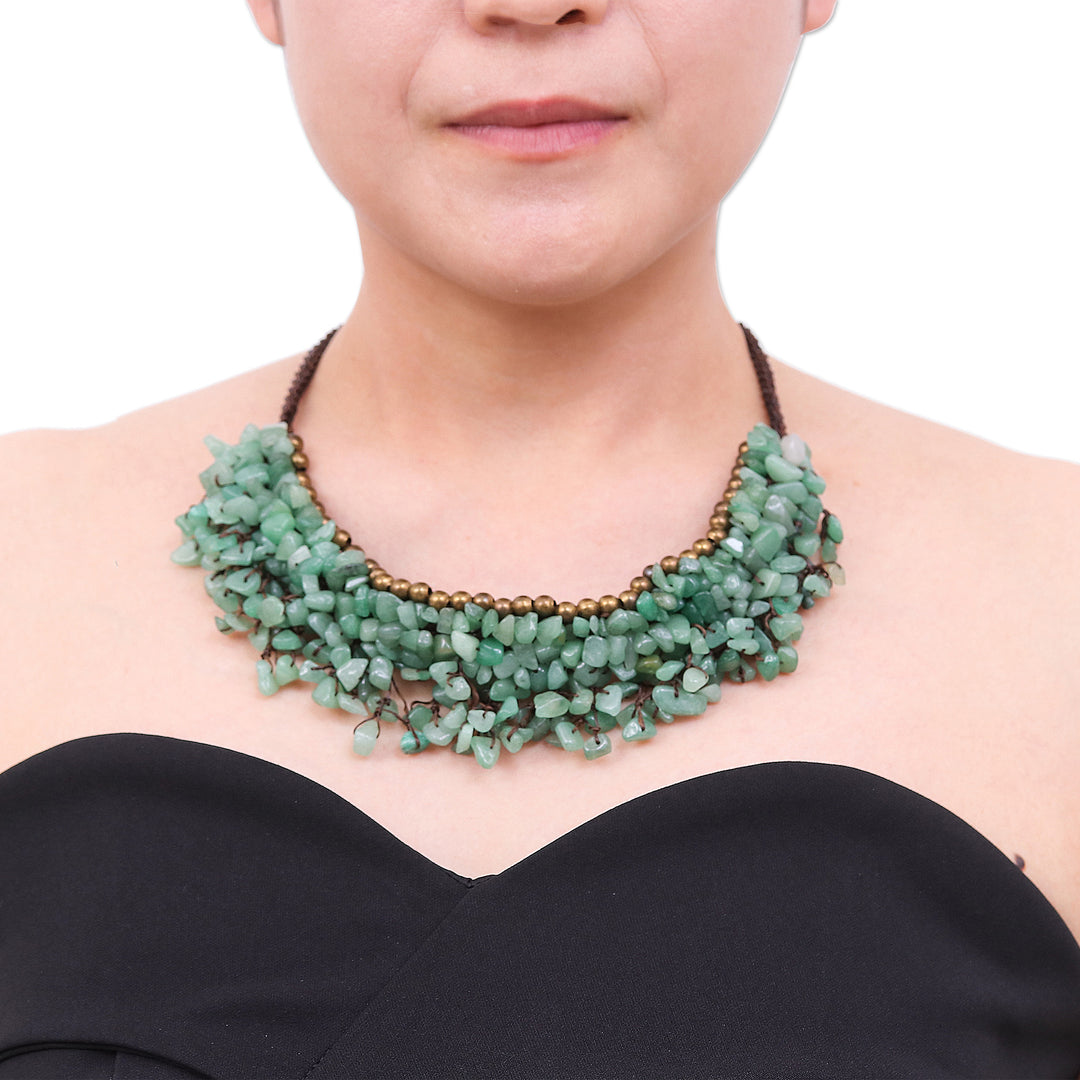 Beaded Cord Necklace with Green Aventurine and Brass - Garden Party