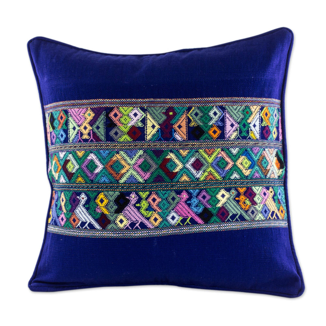Blue Bird Theme Maya Backstrap Woven Cotton Cushion Cover - Quiche Birds
