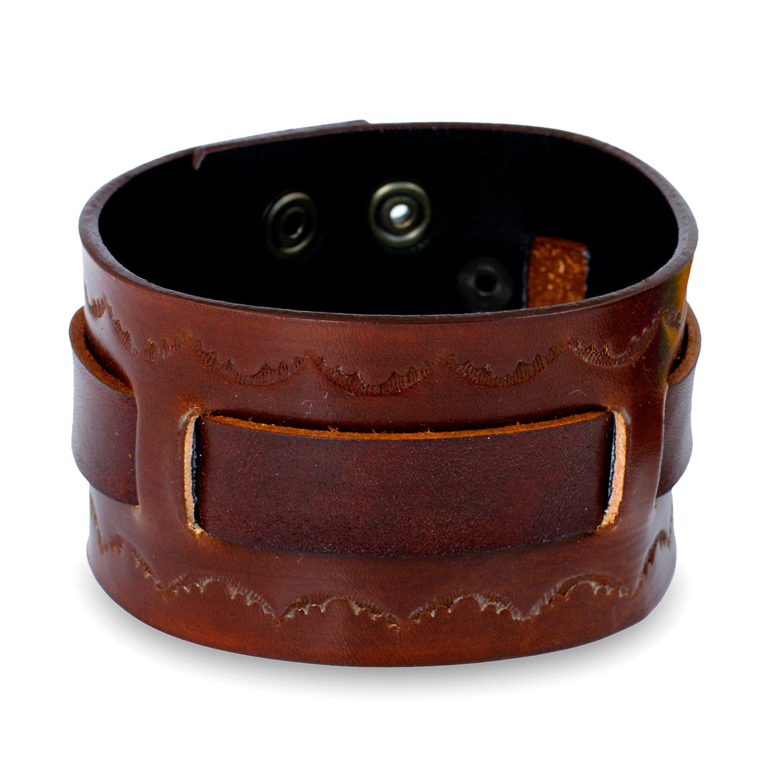 Hand Tooled Brown Leather Wristband Bracelet for Men - Western Brown