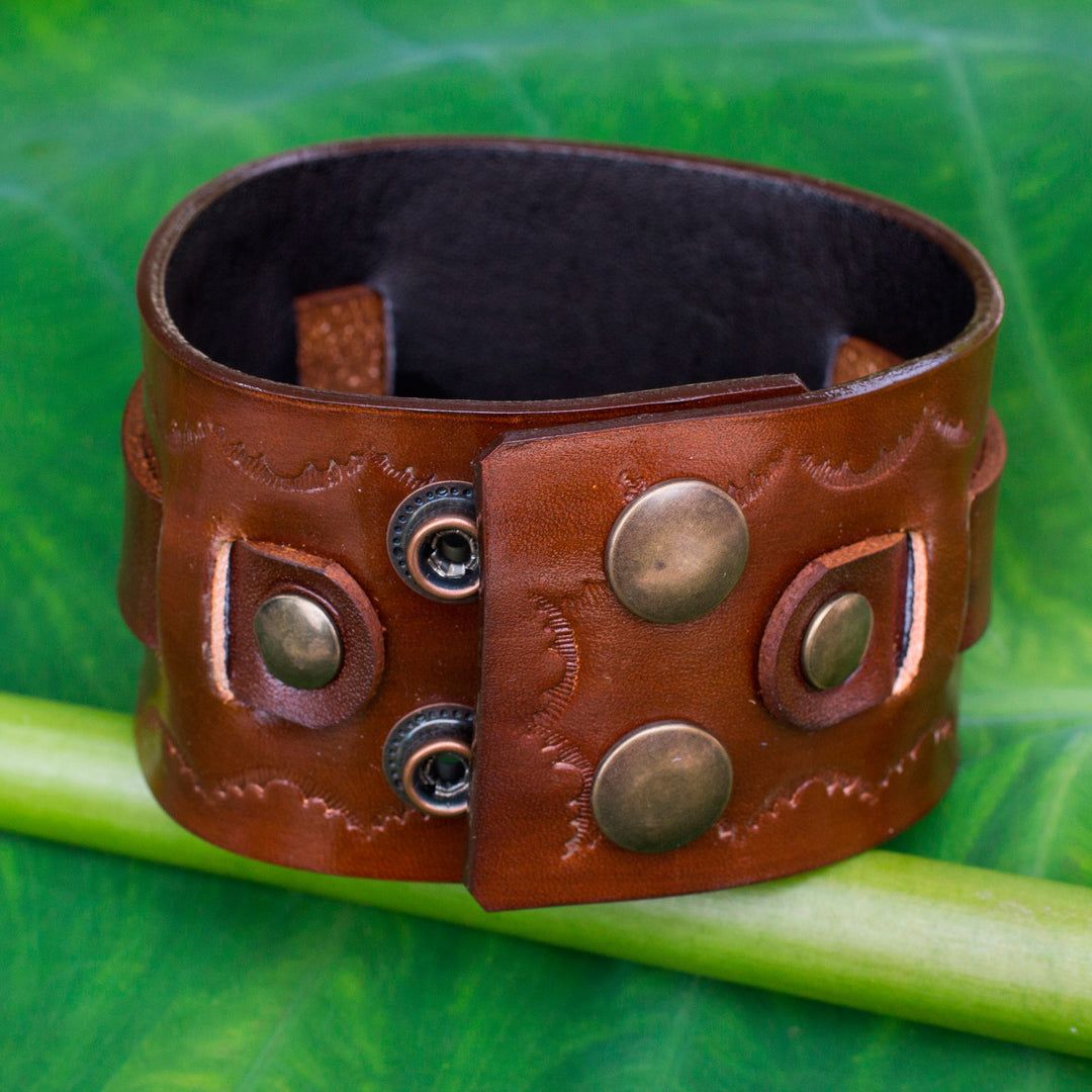 Hand Tooled Brown Leather Wristband Bracelet for Men - Western Brown