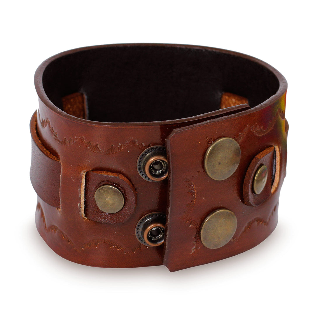 Hand Tooled Brown Leather Wristband Bracelet for Men - Western Brown