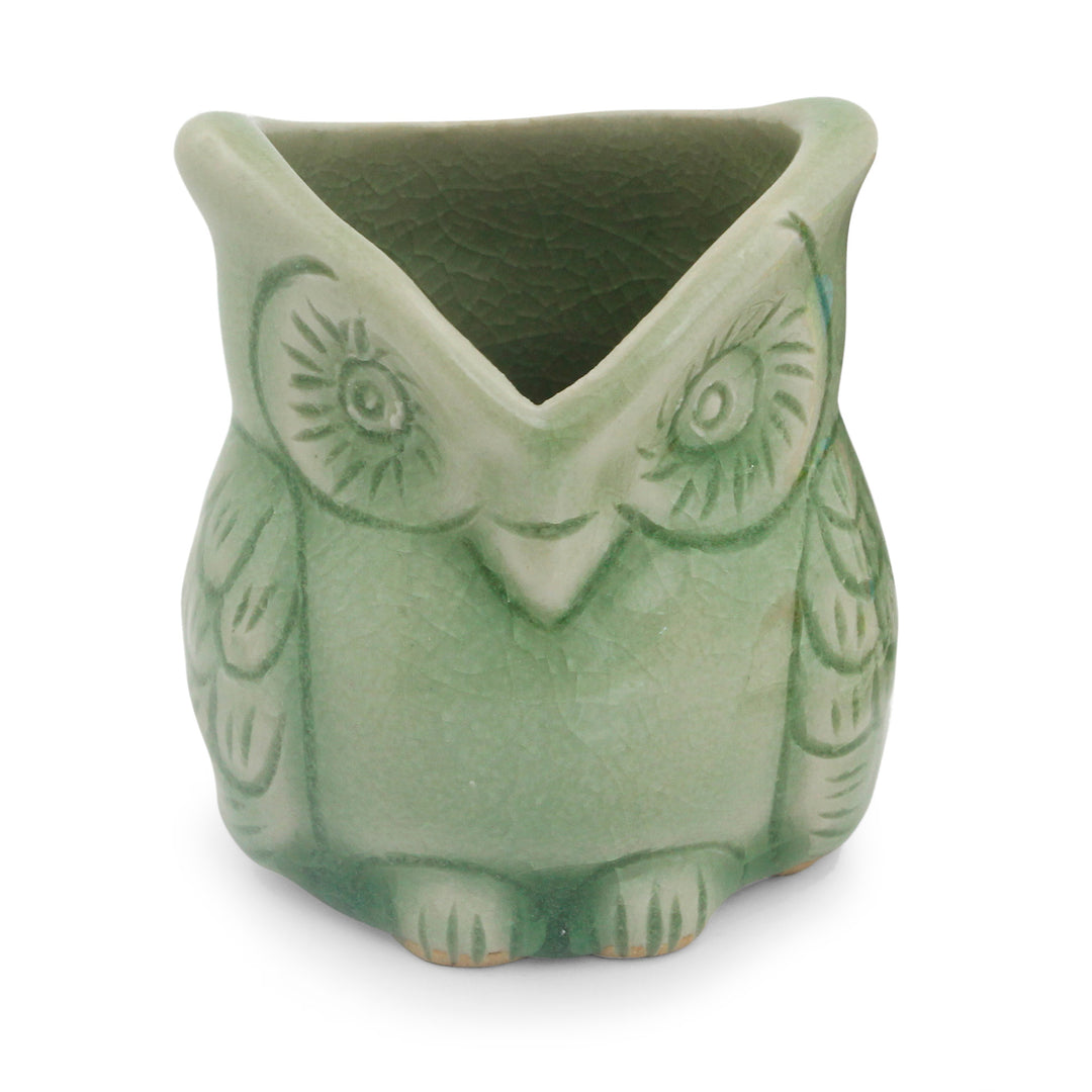 Handcrafted Green Thai Celadon Bird Theme Pot - Happy Green Owl