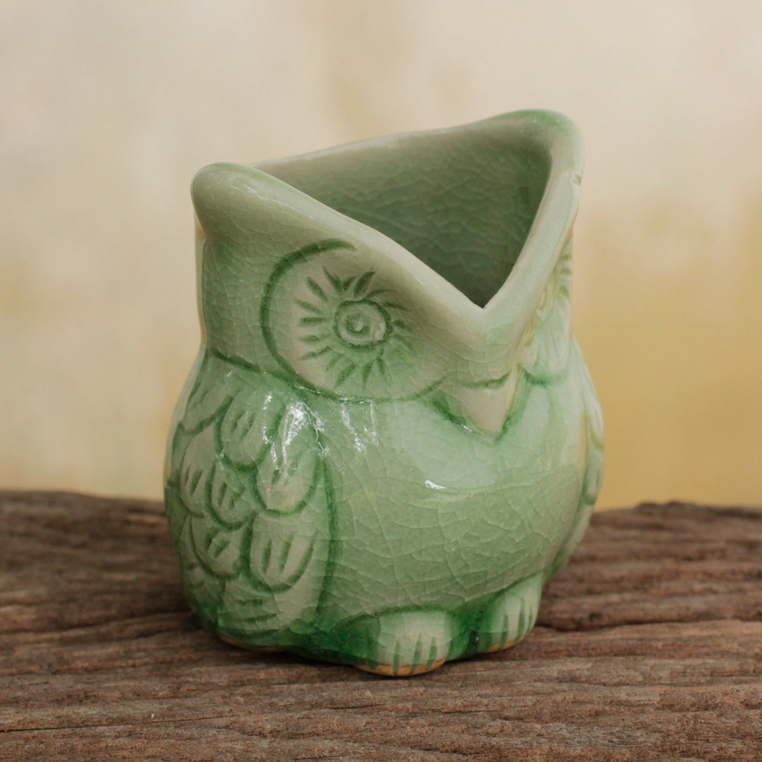 Handcrafted Green Thai Celadon Bird Theme Pot - Happy Green Owl