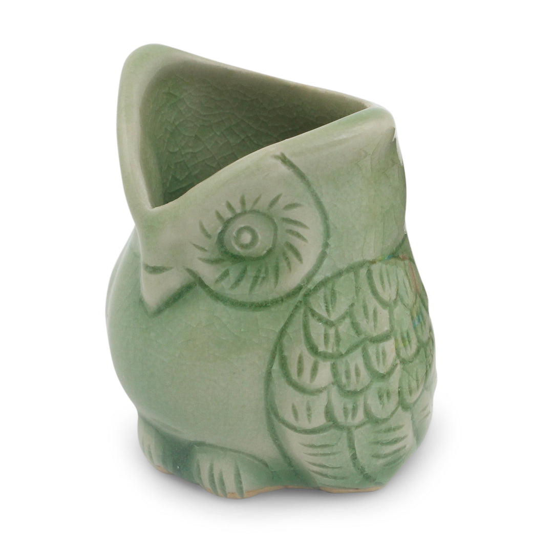 Handcrafted Green Thai Celadon Bird Theme Pot - Happy Green Owl