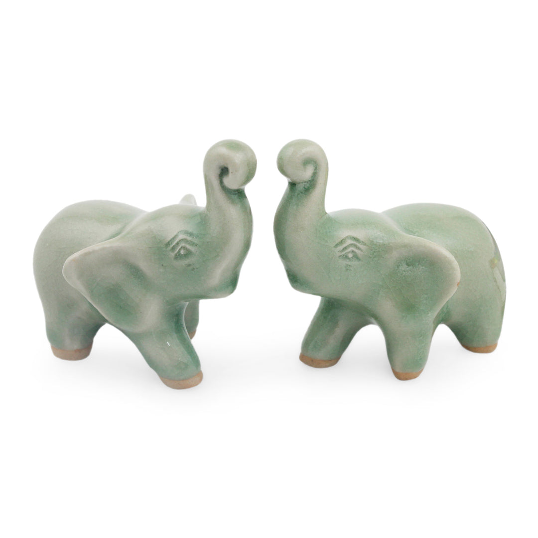 2 Green Celadon Ceramic Handcrafted Lucky Elephant Figurines - Lucky Green Elephants