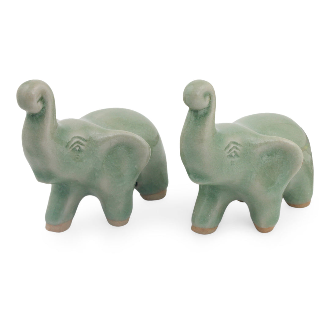 2 Green Celadon Ceramic Handcrafted Lucky Elephant Figurines - Lucky Green Elephants