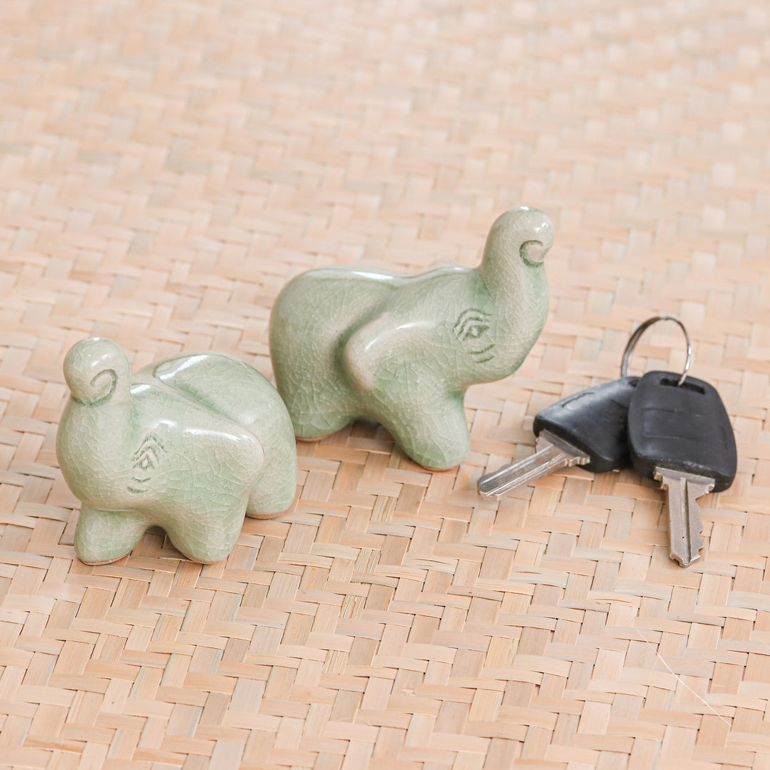 2 Green Celadon Ceramic Handcrafted Lucky Elephant Figurines - Lucky Green Elephants