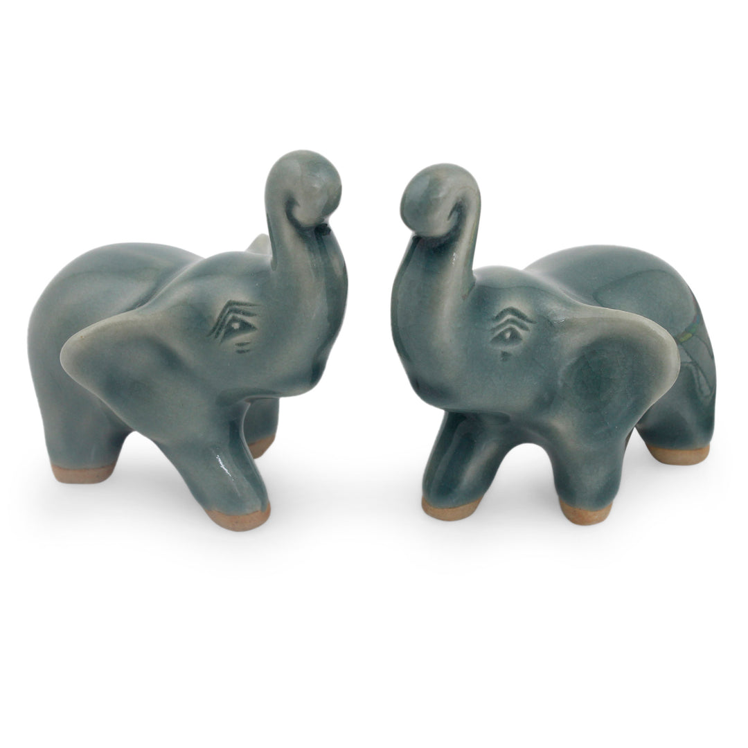 2 Blue Celadon Ceramic Handcrafted Lucky Elephant Figurines - Lucky Blue Elephants