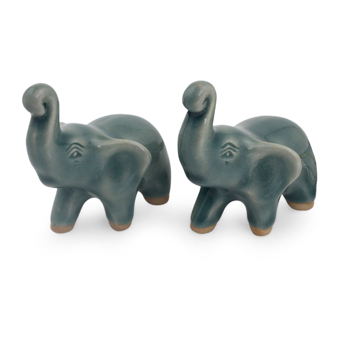 2 Blue Celadon Ceramic Handcrafted Lucky Elephant Figurines - Lucky Blue Elephants